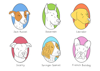  Set of different breeds of dog avatars in cartoon style