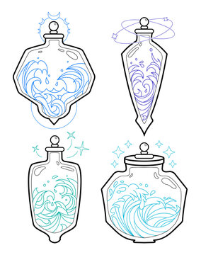 Set of magic potion bottles with glass