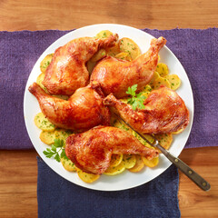 Hähnchenschenkel Pfanne auf weissem Teller und violetter Serviette