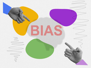 Symbolic collage about bias with hands and brain.