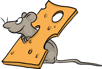 Cartoon Illustration von einer niedlichen Maus, die freundlich lächelnd durch das Loch einer Scheibe Käse schaut wie durch ein Fenster