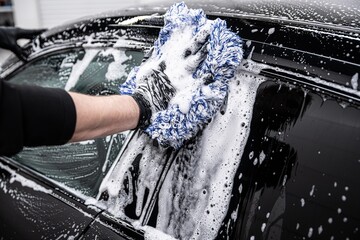 Employee of a car wash or car detailing studio carefully washes a black car.