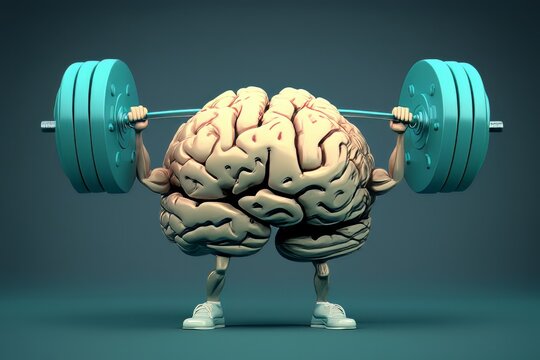 Human brain lifting a heavy dumbbell. Brain activation/strong human brain power concept mind memory health. Generative AI 