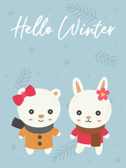 Winter animals doodle with winter theme background