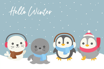 Winter animals doodle with snow theme background