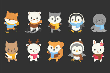 Winter animals doodle vector illustration set 1