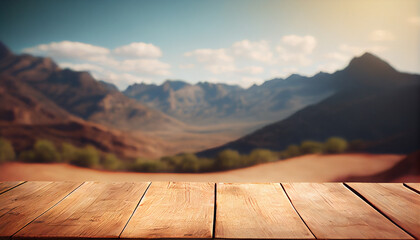 Empty wood table top with the mountain landscape. The blurred landscape of mountains background. Generative AI.