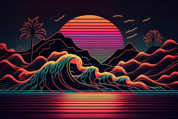 A neon illustration of a wave and mountains with the sun behind it with generative ai 