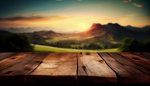 A deserted grey wooden table against a hazy mountain backdrop at dusk. For photo product display, or design key visual.