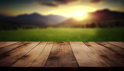 Empty grey wooden table in front of blurred sunset mountain view background. For photo product display, or design key visual. Generative AI.