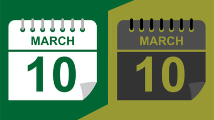 march 10 calendar date on green background or isolated icons with hollow background.