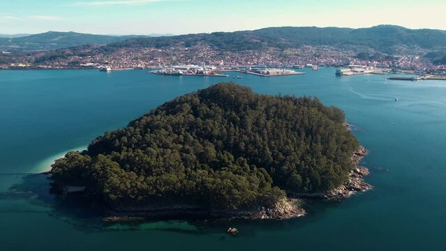 Aerial view of Tambo island, in Pontevedra estuary, Galicia, Spain. High quality 4k footage.