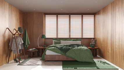 Minimalist bedroom with wooden walls in beige and green tones. Double bed with pillows, big window with venetian blinds, carpets and decors. Japandi interior design