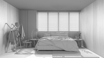 Total white project draft, minimalist bedroom with wooden walls. Double bed with pillows, big window with venetian blinds, carpets and decors. Japandi interior design