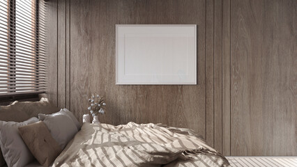 Frame mockup in home interior with dark wooden walls, minimal bedroom with carpet and pouf in beige...