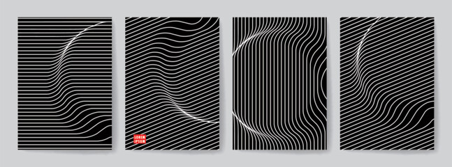 Set of Monochrome Optical Art Design Covers for Printing. Vector Abstract 3d Geometric Illustration. CMYK. - obrazy, fototapety, plakaty