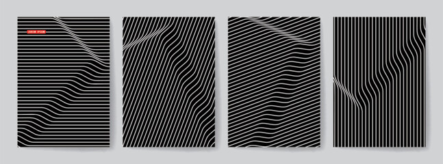 Set of Monochrome Optical Art Design Covers for Printing. Vector Abstract 3d Geometric Illustration. CMYK. - 578340298