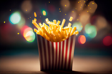 Golden, crispy French fries served in a red and white disposable container, against a blurred background.AI generated.
