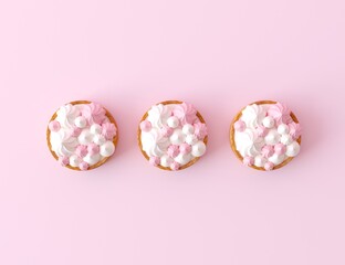 Fototapeta na wymiar Tartlet with small meringues in white and pink colors, top view. Creative minimal sweet pattern for bakery. Sweet dessert for the pastry, isolated on a pastel pink background. 3d render illustration.