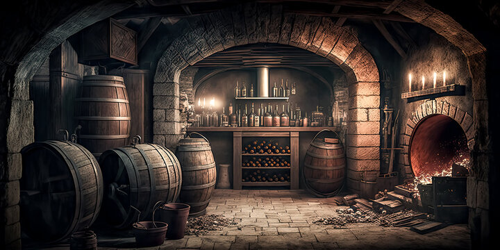 An aged wine cellar filled with dusty bottles is revealed - generative ai.