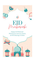 Eid Mubarak greetings card, Islamic light design with moon and stars in the background vector illustration art.