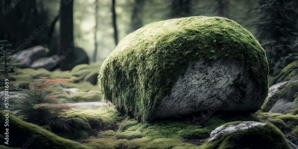 Poster a large rock covered with green moss, barely visible in the distance, sits in a tranquil landscape -