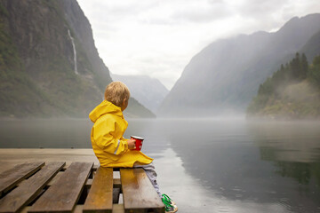 People, children enjoying the amazing views in Norway to fjords, mountains and other beautiful...