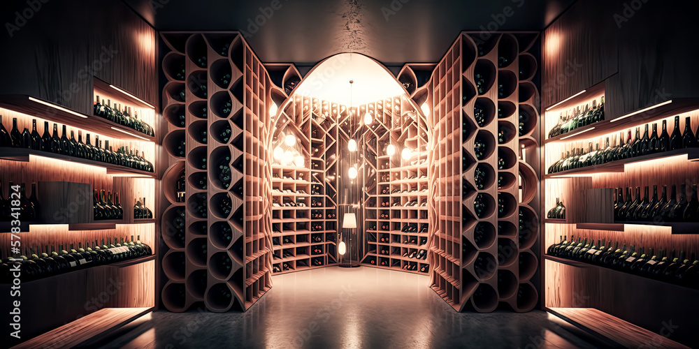Poster a beautiful wine cellar is filled to the brim with an abundance of bottles of wine - generative ai.