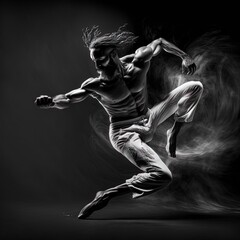 Capoeira dancer, african or latino young male on black background, AI generative