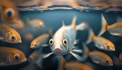 Sad scared little fish in group of others. Concept AI generative illustration of school or workplace bullying - obrazy, fototapety, plakaty