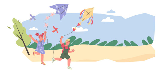 Happy children flying a kite, flat vector illustration in flat style isolated on white background. Kids outdoor activity and fun. Summer vacation and happy childhood concept.
