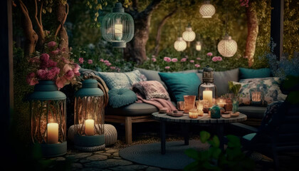 trendy furniture with lanterns and candles in the garden, relaxation area in the backyard with sofas and cushions, generative ai