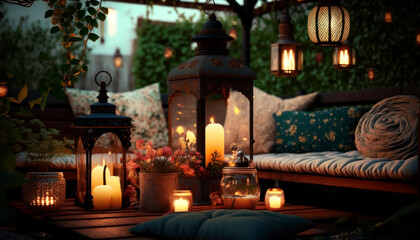 trendy furniture with lanterns and candles in the garden, relaxation area in the backyard with sofas and cushions, generative ai
