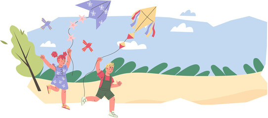 Happy children flying a kite. Kids outdoor activity and fun. Summer vacation and happy childhood concept.