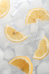 Ice cubes and lemon slices, refreshing food concept, food background
