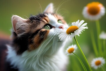 Cat smelling the first daisies of spring. Generative AI.