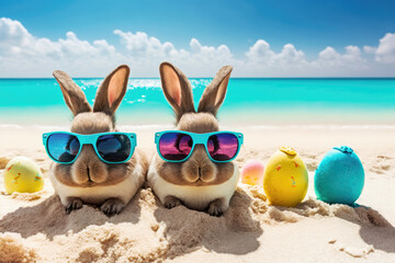 Easter bunnies celebrate with colorful Easter eggs on a sand beach. Travel holidays. Generative AI - obrazy, fototapety, plakaty