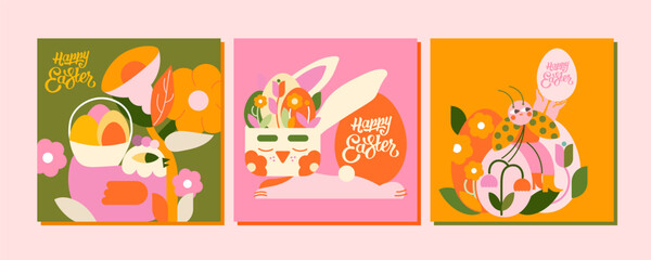 Fototapeta na wymiar 3 Illustrations for a happy Easter day in warm, spring colors. A chicken, a ladybug, a bunny and many Easter eggs. Great for greetings, cards and more