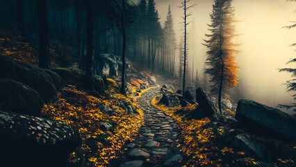 Beautiful landscape of the autumn forest in the mountains. Stony path in foggy forest leading to the top of the mountain