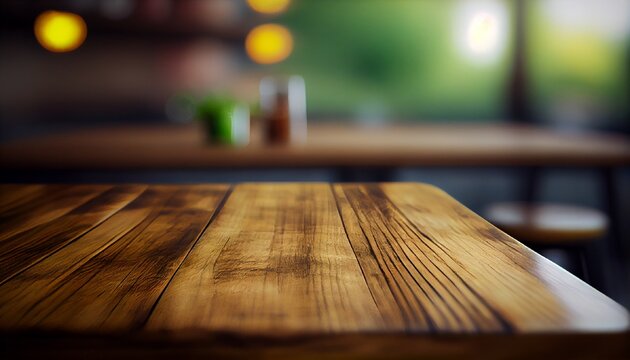 Empty wood table top with blurred bokeh restaurant background. Can use this image to showcase or montage your items. Blurred coffee shop interior background. Generative AI.