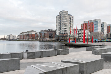 The Grand Canal Basin in front of the Bord Gais Energy Theatre in Docklands., Dublin, Ireland