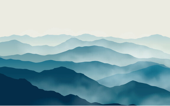 Vector vibrant blue landscape with silhouettes of misty mountains and hills