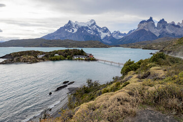 Lake and snowy mountains of Torres del Paine National Park in Chile, Patagonia, South America