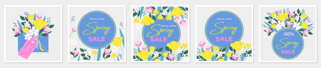 Fototapeta na wymiar Up to 50% off Spring Sale banne template typography. Blue background with bright yellow spring flowers. Vector illustration