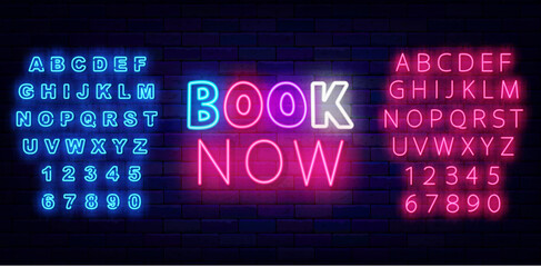 Book now neon sign. Online hotel booking. Luminous blue and pink alphabet. Vector stock illustration