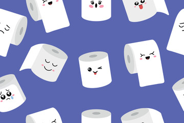 Seamless pattern with cute kawaii cartoon toilet paper rolls with faces. Vector 