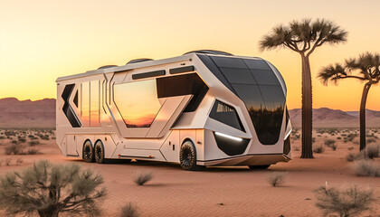 Motorhome high-tech with futuristic design, parked on desert, generative ai