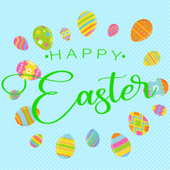 Easter background with Easter eggs. Template greeting card for Easter in flat lay style. Vector illustration.