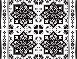 Foto auf Acrylglas Portuguese Azulejo tile seamless vector pattern, retro design with frame or border in black and white  © redkoala