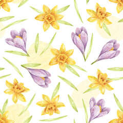 Spring watercolor seamless pattern with yellow narcissus, purple crocuses and leaves. Cute hand-drawn texture for textile or wrapping paper